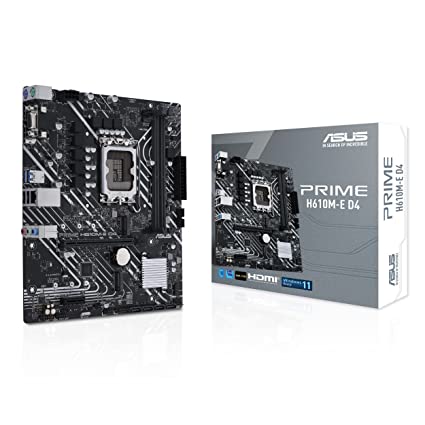 ASUS Prime H610M-E D4 Intel LGA 1700 mic-ATX Motherboard with DDR4, PCIe 4.0, Dual M.2 Slots, Realtek 1 Gb Ethernet, DisplayPort, HDMI, D-Sub, USB 3.2 Gen 1 Ports, SATA 6 Gbps, COM Header, RGB Header